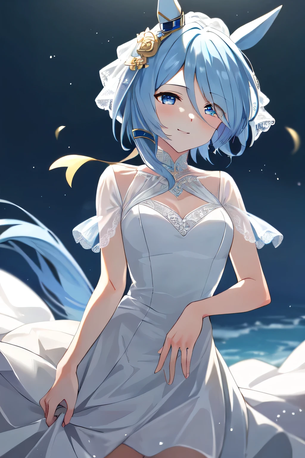 (masterpiece), highly detailed, best quality, (high resolution), 8k, 1girl, solo, k.s.miracle, umamusume, short hair, blue hair, horse ears, horse girl, horse tail, blue eyes, cinematic angle, looking at viewer, wedding dress, white dress, gentle smile, eyes visible through hair, hair over left eye