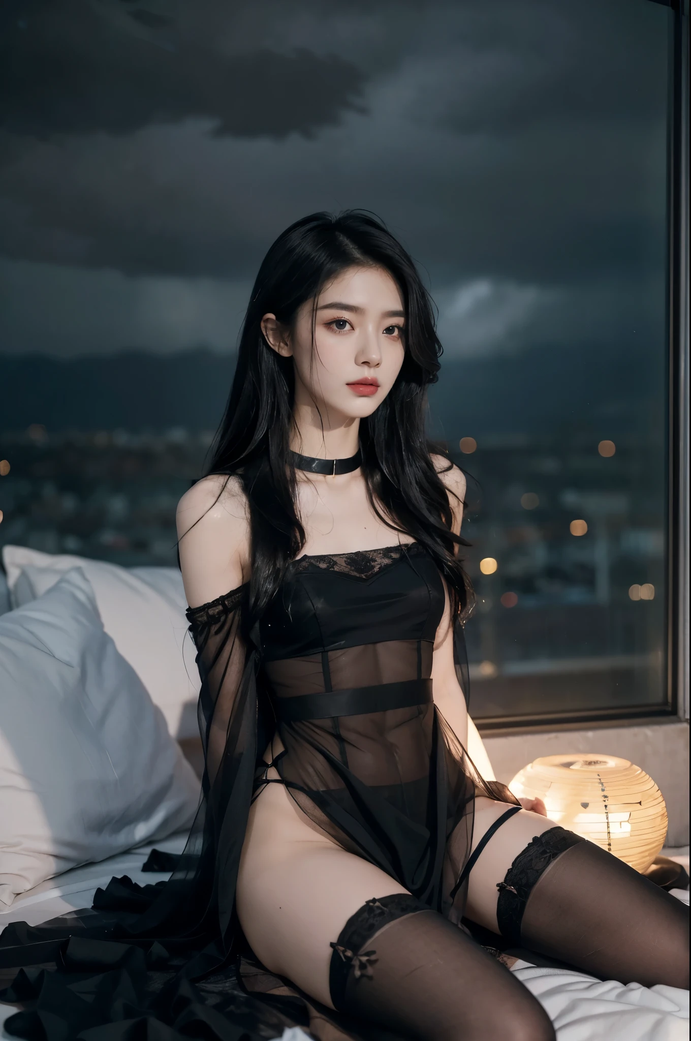 (((best quality))),(((ultra detailed))),(((masterpiece))),illustration,((a beautiful girl,solo)),(dog collar:1.2),((slim,thi)),((small breasts,flat chest)),(((sweat,wet))),(sitting:1.3),(arms behind back:1.3),(spread legs apart:1.3),in bedroom,((violent storm, glass window, shaking, rain, wind, hugging herself, clock, wall, calendar, bed)), soft covers, tenderness,(shoulder length straight hair:1.2), deep eyes, mix of emotions,(flowing black sheer dress:1.3),(black stockings:1.3), billowing, face serene, hint of melancholy, dimly lit room, lightning, illumination, shadows, dancing walls, gentle smile, relief, inner turmoil, calm composed, gazing into darkness, thoughts of love, storm metaphor, chaos, solace, arms of beloved, love story, ups and downs, pain and joy, souls bound by fate, enduring, stormy weather,(night scene:1.3),((from front,full body))