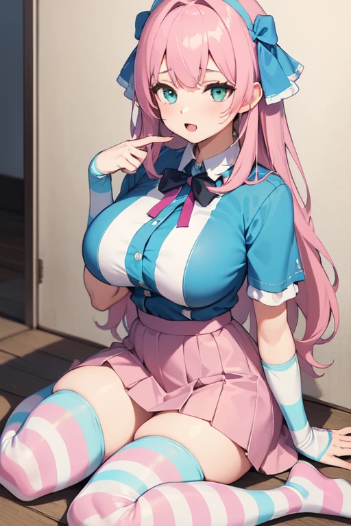 Girl with long white hair with pink highlights blue and green eyes short-sleeved shirt pastel pink blue skirt white and blue striped tights pastel pink arm warmers Huge bust  