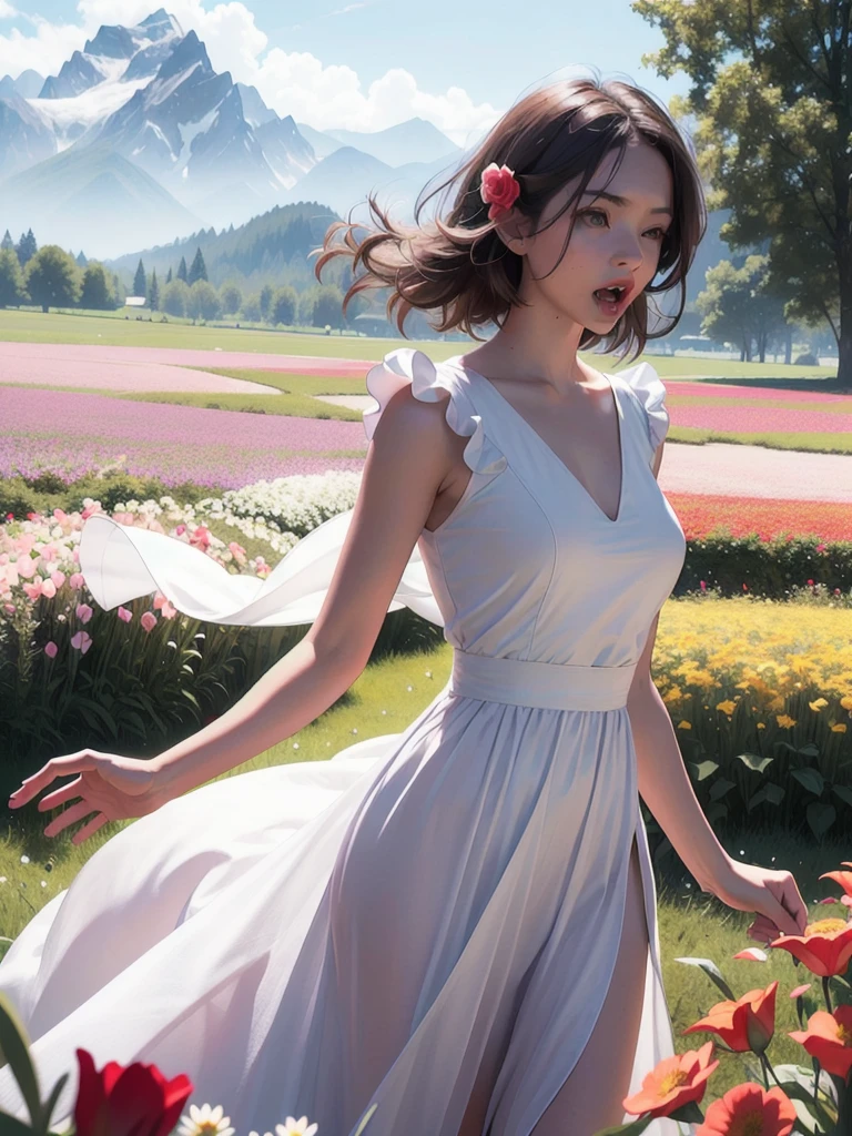 1girl, dynamic angle, cloud and mountain, (flower field:1.4) in the foreground, white dress, light tracing, (floating colorful wind:1) (photorealistic:1.4), official art, unity 8k wallpaper, ultra detailed, beautiful and aesthetic, masterpiece,best quality, glowing skin, cinematic lighting, screaming mouth, intense gaze,