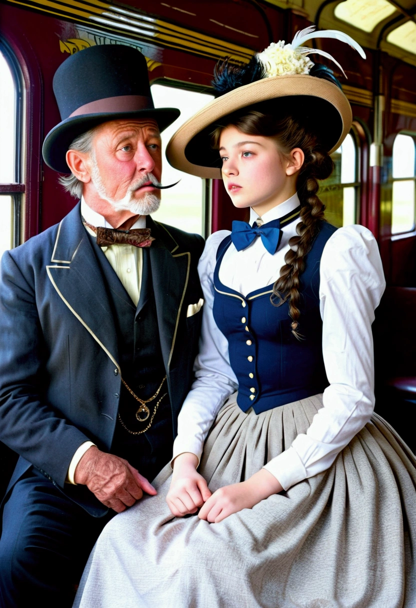 Year 1901. A pretty 14yo brunette teenage Gibson Girl dry-humped and fondled by a horny 69yo gentleman inside a train car. The girl wears a Victorian high-collar long sleeve shirtwaist, floor-length skirt and a wide-brimmed picture hat topped with feathers, ribbons and flowers, wasp waist, large bubble butt, gorgeous face, long hair styled into a pompadour. The aged man wears a three-piece business suit with a starched collar and a bowler hat. The girl bites her bottom lip. (((1 man, 1 girl, NSFW))).