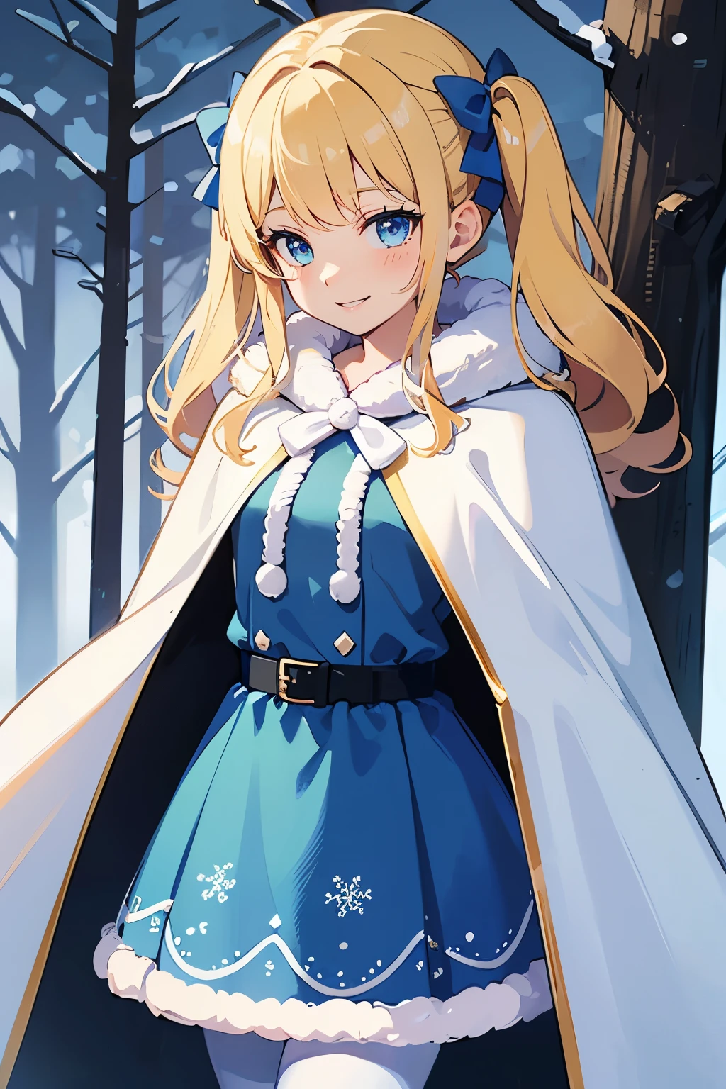 Safe for work, masterpiece, best quality, solo, 1 girl, cute girl, wholesome girl, (young female body:1.4), ( medium small breasts), cowboy shot, shy smile, flustered, yellow golden hair, extra long hair, thick wavy hair, hime cut, voluminous twin tails, very blunt bangs, light blue eyes, detailed eyes, outside, snowy woods, standing, icy blue dress, light blue winter dress, dress with white fur, white cotton pantyhose, winter, long sleeve, blue dress, snowflake print on dress, thick winter blue dress, white fluffy fur trimmings, white fur, warm, blue dress, blue cloak, fluffy cape, cape over shoulder, dark blue cape, blue bows