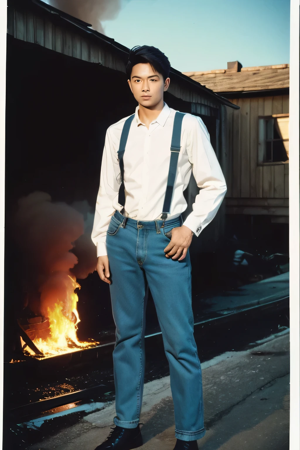 Full body handsome man 30 y.o,standing, burning house in the background. polaroid