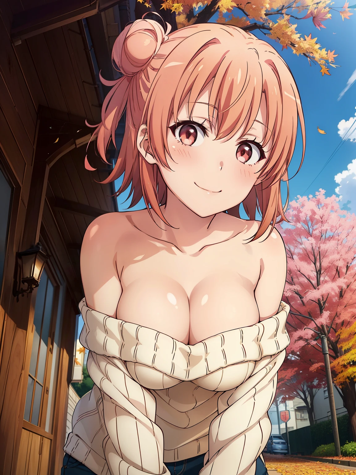 ((Highest quality, High resolution, Pixel perfect, 4K)), (Beautiful Anime Girls), Written boundary depth、
yuigahama yui, (Big Breasts:1.1)、 Red eyes、
short hair, Single hair bun,
blush、smile、
White knitted sweater、Off the shoulder、Strapless、
street、Ginkgo Tree Line、autumn、Fallen leaves、autumn leaves、
From below、