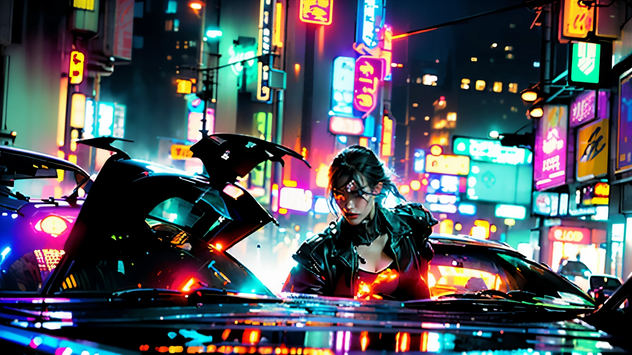 a cyberpunk city street on a rainy day, towering skyscrapers lining the sides, numerous glowing neon signs and advertisements on the storefronts below, old futuristic cars driving down the road, dramatic lighting, gritty urban atmosphere, vibrant neon colors, heavy rain, puddles, reflections, steam, (best quality,4k,8k,highres,masterpiece:1.2),ultra-detailed,(realistic,photorealistic,photo-realistic:1.37),cinematic composition,dramatic lighting,moody atmosphere,neon cyberpunk,hyper detailed, intricate details