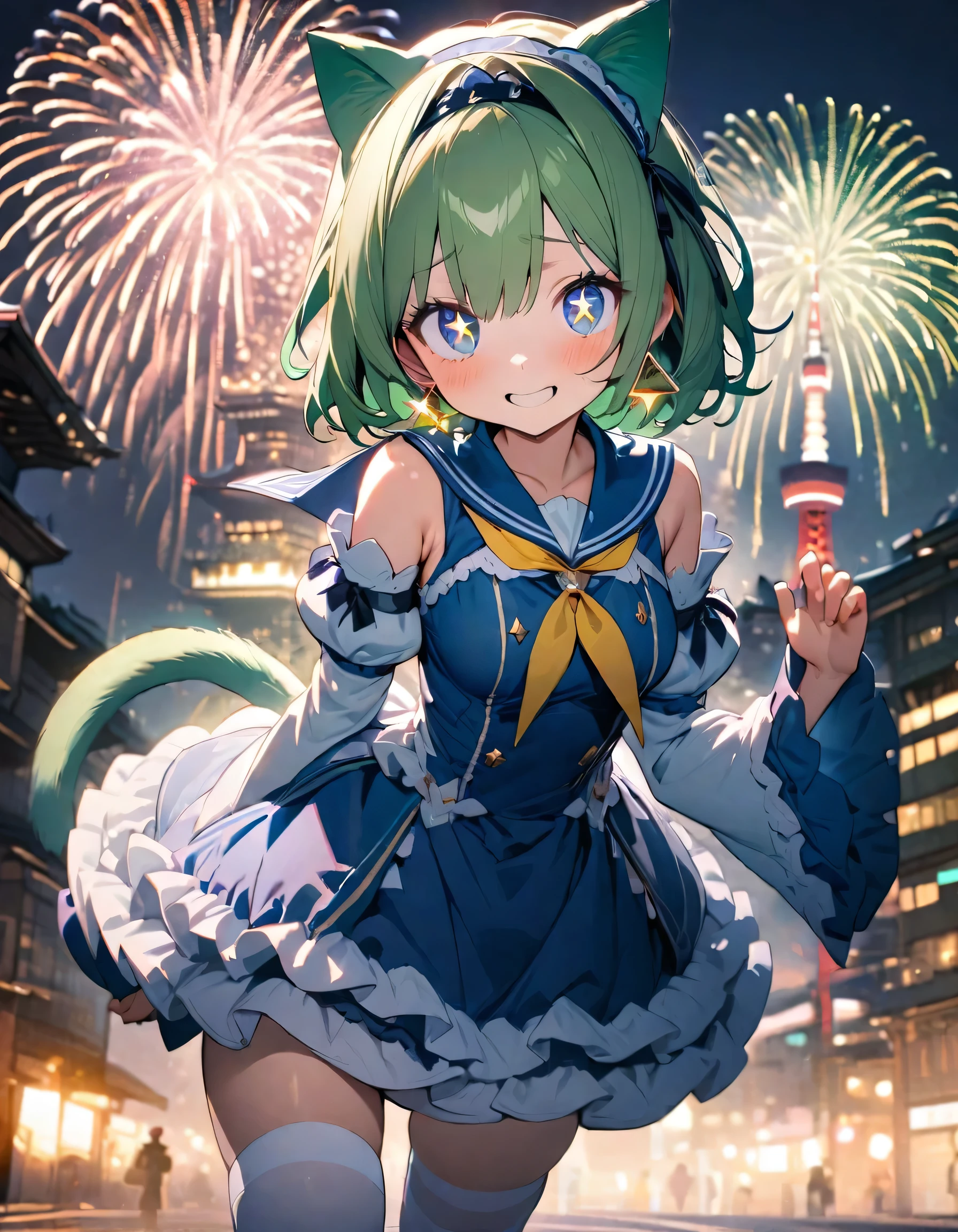 (8K, best quality, master piece: 1.2),super high resolution,1 girl,solo,ultra-detailed face,detailed eyes,(green hair, blue eyes,lash extension,short hair,nervous smile,green Cat ears,green Cat tail,detached sleeves, blue dress,sailor,(princess dress:1.4) lolita,triangle earrings, hairband, detached sleeves,(Yellow triangle shaped tie),Pink boots,(white thighhighs:1.3),Looking with sparkling eyes,rim light,Tokyo's famous tower,(fireworks shining in the nigh tview)