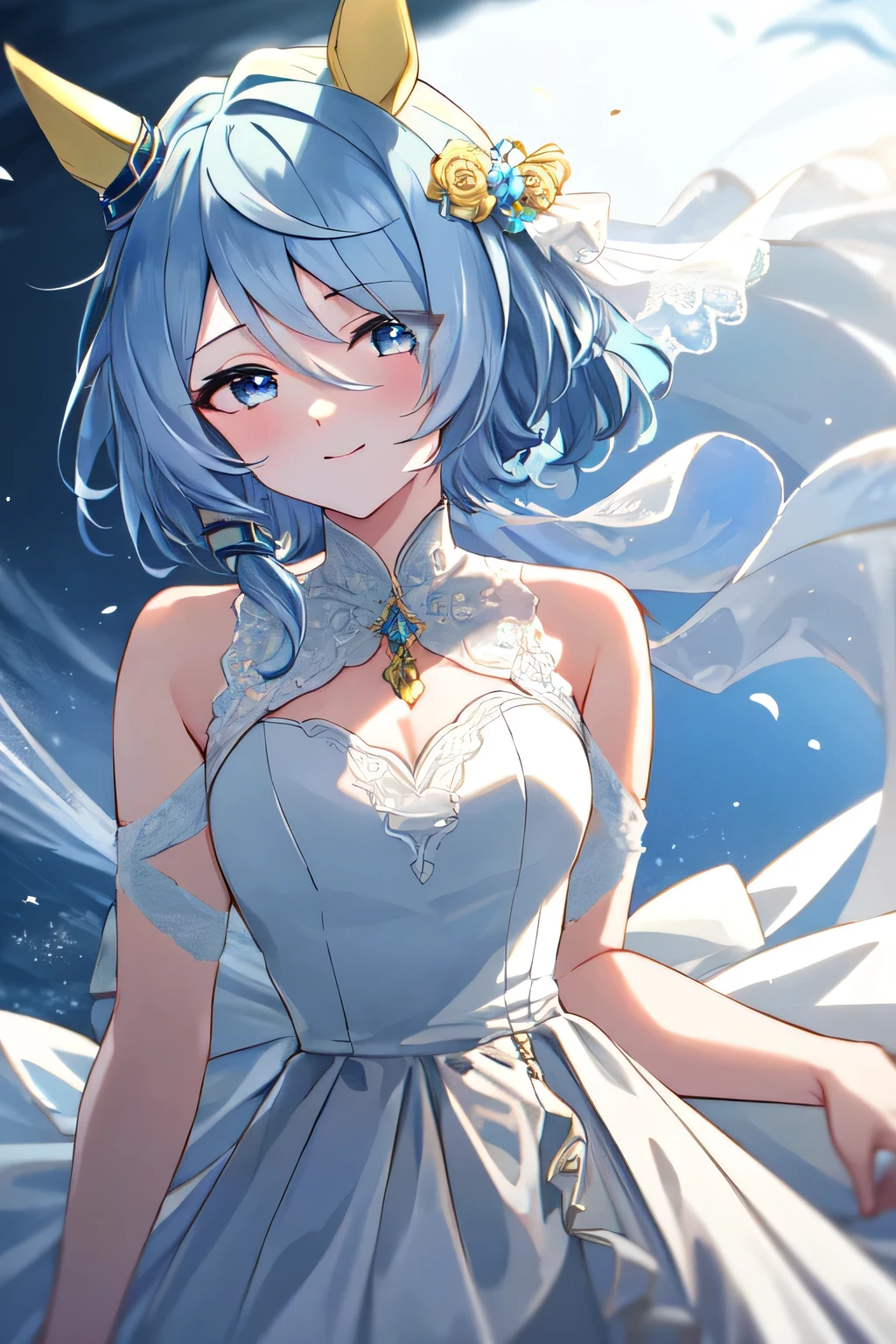 (masterpiece), highly detailed, best quality, (high resolution), 8k, 1girl, solo, k.s.miracle, umamusume, short hair, blue hair, horse ears, horse girl, horse tail, blue eyes, cinematic angle, looking at viewer, wedding dress, white dress, gentle smile, eyes visible through hair, hair over left eye