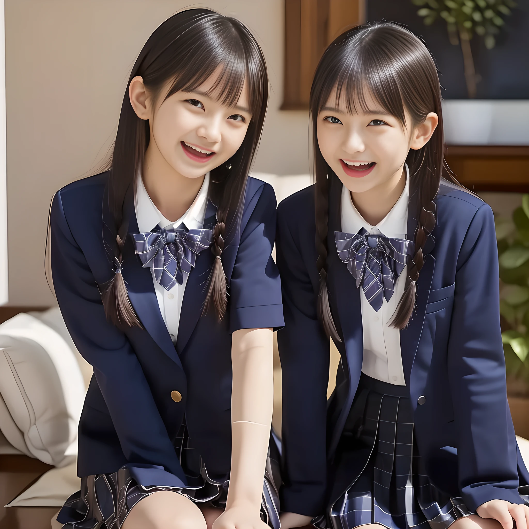 (Highest quality, masterpiece:1.2), Highest quality, High resolution, 1080P, 8k, height: 158cm, ((A noble, graceful and intelligent Japanese young idle who has a best proportion is surprised opening her eyes widely and laughing at me with shedding tears!: 1.5)), ((So sweet, very noble, neat, and pretty 14yoanese beautiful fashion magazine models are giggling at me: 1.6)), ((((Very pure white face and limbs)))), Glossy Lips, (Evenly cut curled bangs), ((Very beautiful, droopy, cute, pure, noble, intelligent brown eyes with detailed: 1.6)), ((Super long, black straight hair )), (Very shiny, glossy Lips), ((Beautiful straight hair like a school promotion model)), Watch at you, ((Incredibly well organized, Rich facial expressions)), ((Plump and beautiful white skin and face)), ((Pure, clear, gentle brown eyes)), ((staring at me)), Glossy Lips, ((Noble and elegant)), Very beautiful blue skirt, ((Large upward-curving lips)), ((((Navy gorgeous Japanese school blazer with noble golden emblem)))), ((Navy and sapphire blue Japanese school gorgeous uniform)), ((Tartan check pattern dark blue pleated long gorgeous skirt)), ((Cobalt blue string chest ribbon)), ((((An ecstatic expression of boundless joy)))), (((Beauty and fashion magazine for young girls))), ((Cute beautiful knees)), ((Well-shaped ample breasts)), ((Tilting his head and smiling)), ((In a dark room: 1.5)), (Laughing loudly holding your stomach because the viewer is too funny: 1.0), ((Too beautiful women to stop falling into them: 1.6)), ((they are in fact succubi and seated with strong temptation))