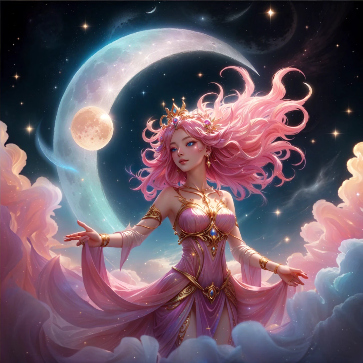 woman , sea blue eyes  , pink mouth ,Dressed in gold, standing in front of a crescent moon., goddess of heaven, goddess of the moon, anime goddess, beautiful heavenly mage, lunar goddess, Moon Goddess, Golden Lotus Princess, Goddess of the Galaxy, Beautiful Fantasy Empress, ((Beautiful Fantasy Empress)), Goddess and Moon, As the sun goddess,, Goddess of space and time ,  , Fine gold jewelry
