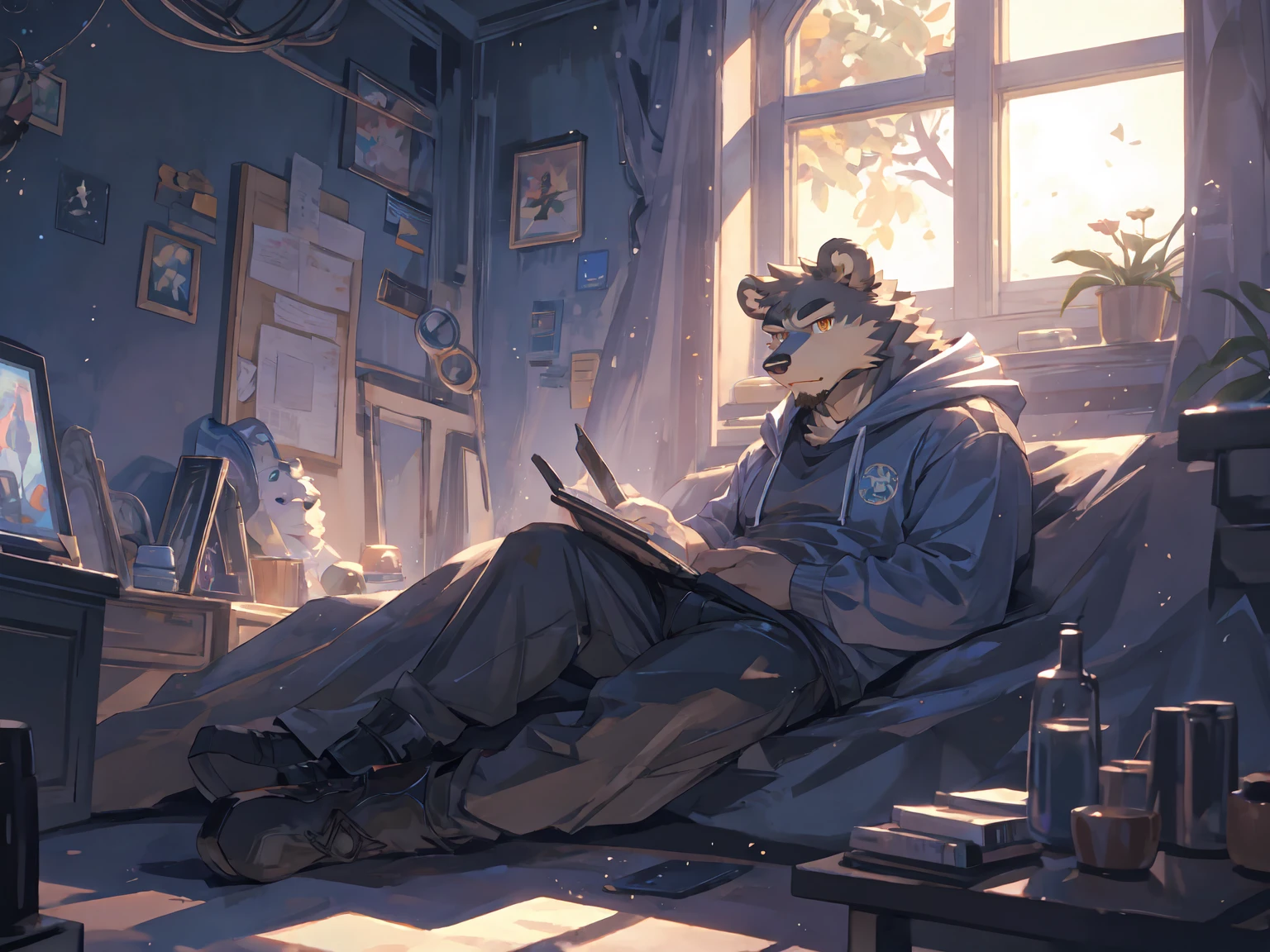 (masterpiece:1.2), best quality,pixiv,official art,perfect anatomy, (Ray tracing, light),solo, (1_male:1.3) , (muscle), (grey fur:1.4), (muscle bear), (beard:1.2), (gleaming golden eyes), bear tail, full body, Thick black eyebrows, (open short hoodie), (loose shirt inside),cargo shorts,boots,cover blanket, bedroom, lying on the sofa, french window , galaxy ,stars