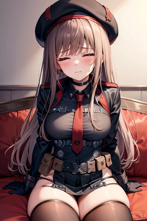Rapi, Belt Pouch, Hat, Brown hair, Black hat, red necktie, beret, closed mouth, cropped jacket, choker, gloves, neck tie, Red gloves, black jacket, utility belt, thigh-high socks, Open clothes, Black Leotard, solo, long hair, 1girl, belt, black choker, red eyes, big breasts, long-sleeves, leotard, indoors, sit down, (sectional sofa), aroused facial expression, blush, sweat, (closed eyes), spread-out legs