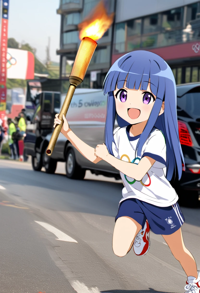 girl, alone, (Full Autorica), Blue Hair, Purple eyes, Long Hair, blunt bangs, bangs, 11 years old, Olympic, torchbearer, Olympic Torch, On the road, the way, smile, open mouth, shirt, holding, white shirt, outdoors, pants, white footwear, Light running, sportswear, photo background
