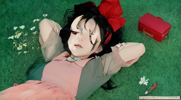 Black Hair：At shoulder length、A little disheveled。
Red ribbon：髪を束ねているRed ribbonをしている。
expression：リラックスしたexpressionで、Looking up at the sky。
Costume：Wearing a pink one-piece、Grey sleeves and collar。
Pause：Lying on his back on the grass。
background：Lying on the grass、Wildflowers blooming all around。
Small items：To her right is a red radio.。
photograph,8k,Highest quality,Best details