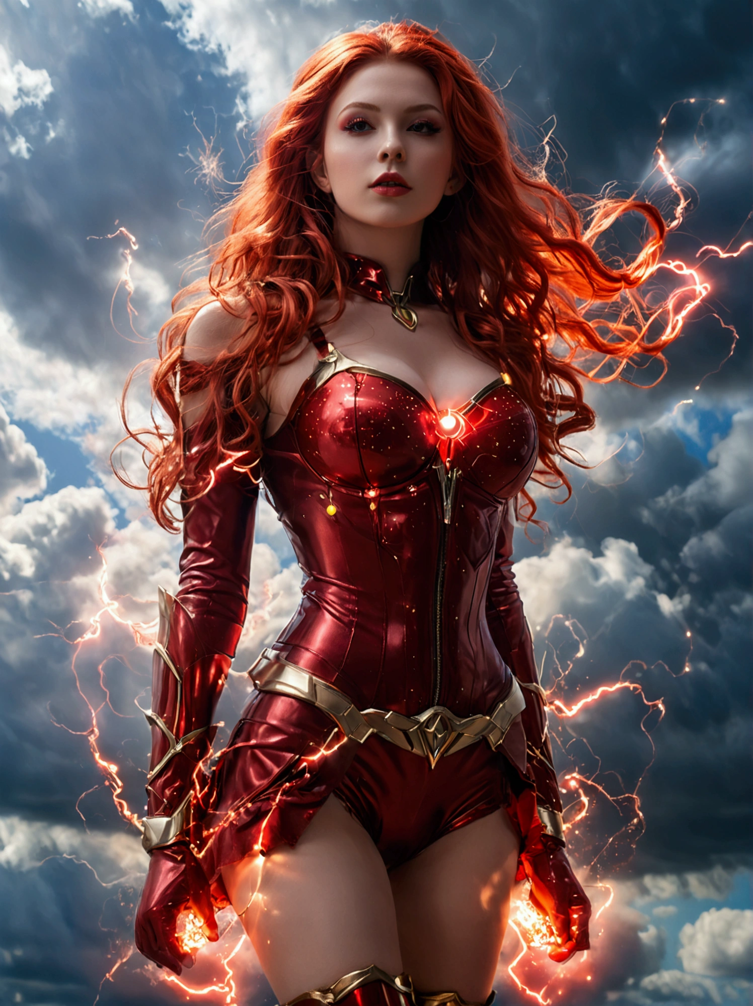 (full body shot:1.1) photorealistic image of a (standing pose:1.1) woman, ultrarealistic, photography, long red hair, girl, 24 years old, hourglass figure, perfect body, Flirty look, extremely detailed artgerm, in the style artgerm, facing the camera, lens 35 mm, blur background, scarlet witch red cosplay, floating in the air, red electric glowing hands, sparkling with red electricity, outside in darkening clouds, clouds with red electricity, full body, full body pic (full body) (full body portrait), show her from head to toe, she is wearing red knee high boots with gold soles