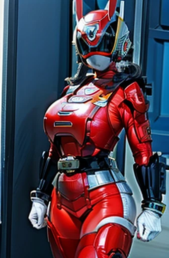 Power ranger suit, power ranger helmet, slutty busty woman, whole body