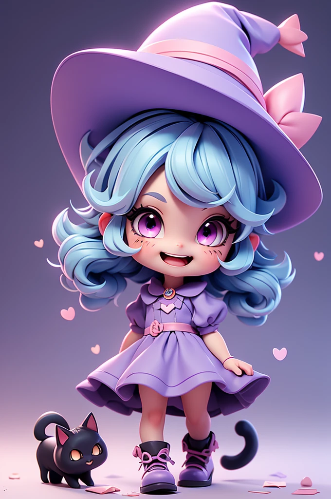 A cute little witch with a feline and mischievous look, tiny, pink eyes, witch hat, cat mouth, cuteness, fun look, messy, lively, smiling, chibi, tiny, short, light blue hair, grayish purple dress #6e5375, clothes with brown straps, leather clothes, hair tied in a pigtail tied at the ends, a large witch's hat, a small, comforting body, big, tied hair, a puffy full dress.