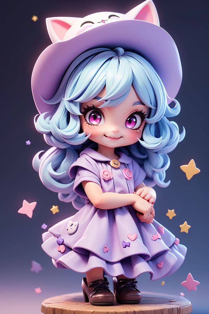 A cute  witch with a feline and mischievous look, tiny, pink eyes, witch hat, cat mouth, cuteness, fun look, messy, lively, smiling, chibi, tiny, short, light blue hair, grayish purple dress #6e5375, clothes with brown straps, leather clothes, hair tied in a pigtail tied at the ends, a large witch's hat, a small, comforting body, big, tied hair, a puffy full dress.