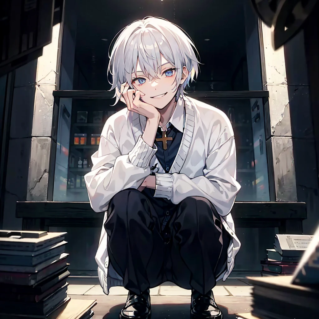 best quality, male, evil smiling, squatting, looking at viewer, short hair, white hair, with cross-shaped irises, with crazy eyes, cardigan, in the lab, dark academia, in a dark and gloomy world, upper body, light white and light silver