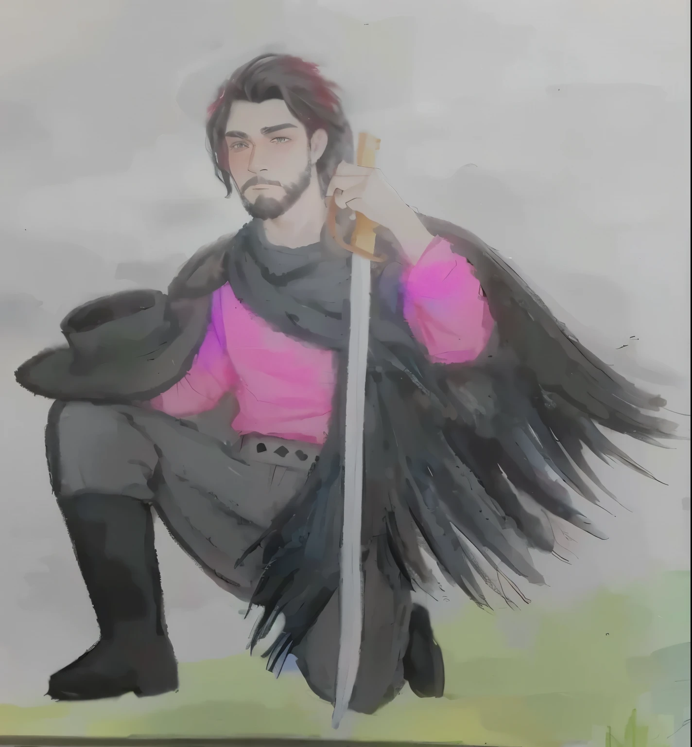 desenho de um nativo Gaucho, homem com red shirt, bomber pants, Gaucho, black poncho scarf, hat and beard, red shirt, with your black hair, water colour, pastel art, colourful drawing, colored pencil drawing