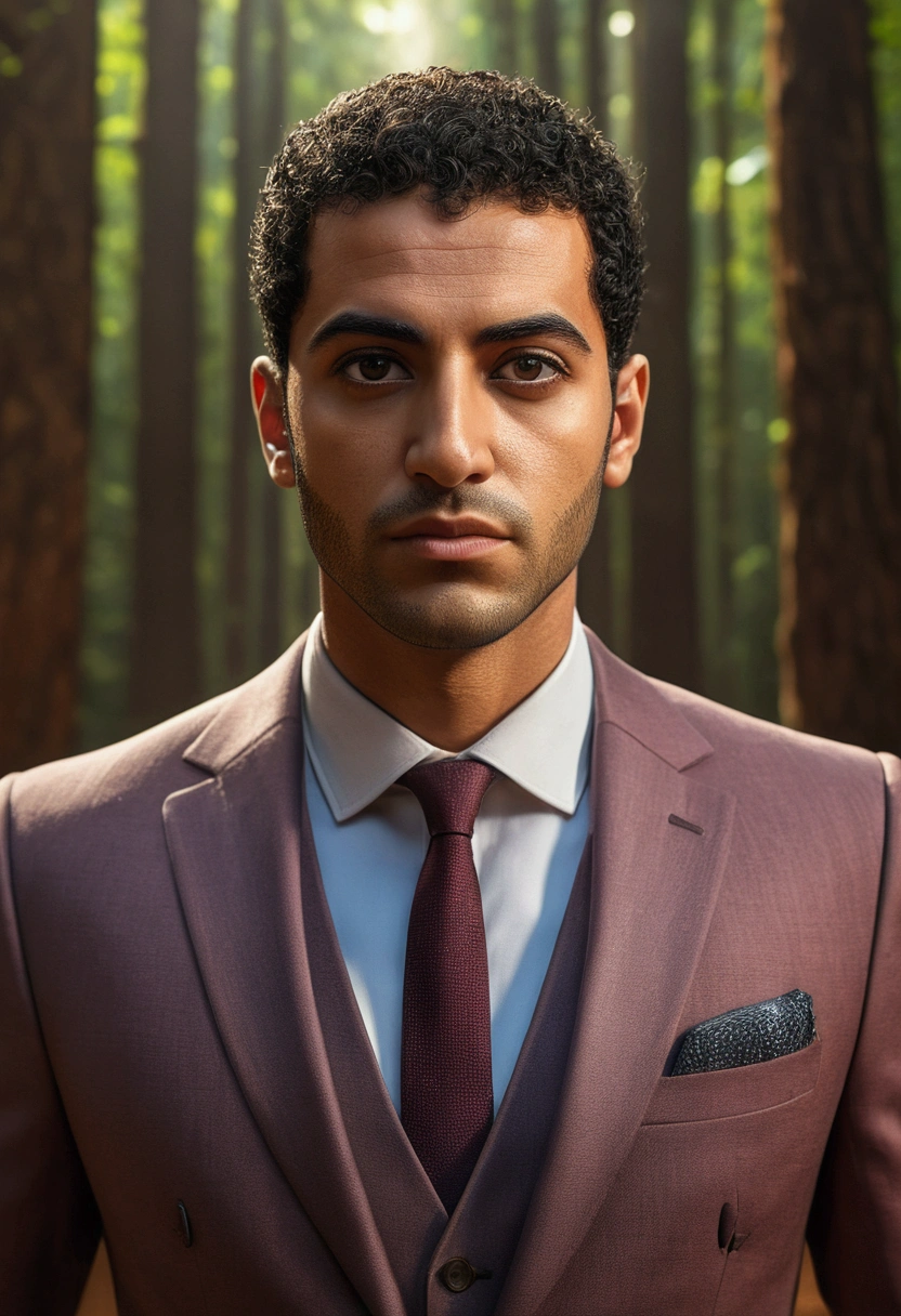 egyptian guy Dressed in a tailored suit, facing the viewer, Dynamic viewing angle, Beautiful and immersive storytelling, Enchanting forest adventure, Cinematic 8K illustration, a desperate formality, Professional, committed, high-quality portrayal, Highly detailed face and skin, texture, detailed eyes, (best quality, masterpiece:1.2), ultra-detailed, (realistic, photo-realistic:1.37), dramatic angle, dynamic action, dramatic lighting, striking contrast, vivid colors, highly detailed, professional photography, photorealistic, cinematic, 3D rendering, 4k, 8k, highres