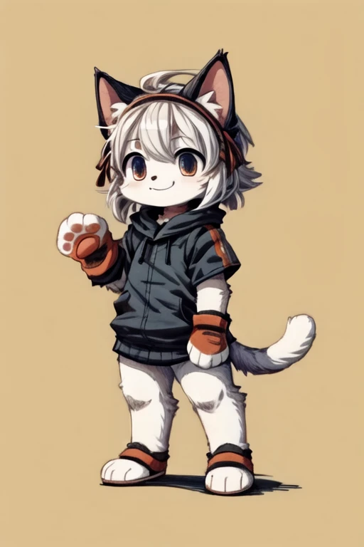 score_9, score_8_up, score_7_up, with Short sleeves , fake animal ears, animal ears, cat ears, paw gloves, cat paws, paw pose, smile, standing, simple background