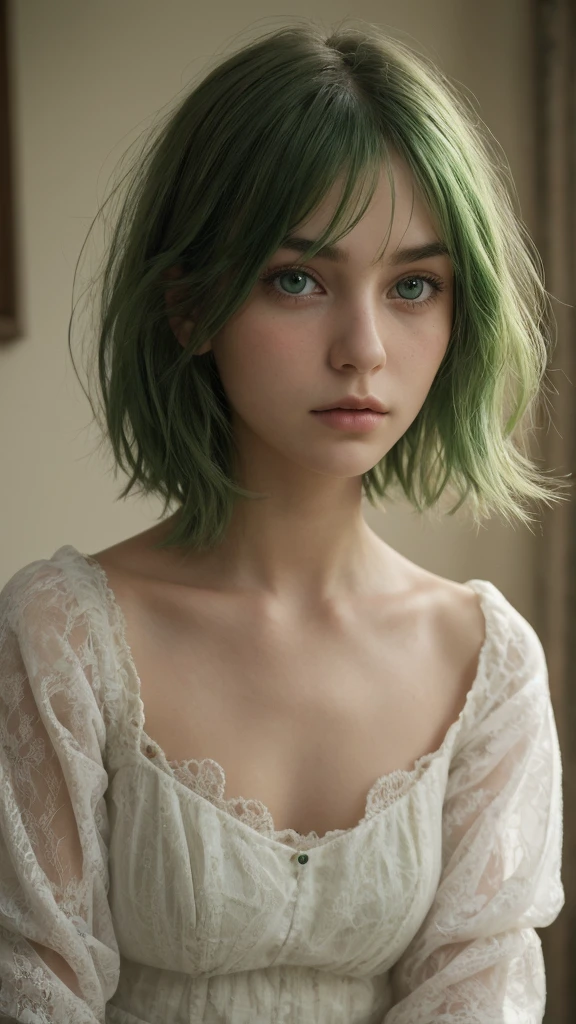 a girl.  Europe.  Extremely detailed face.  Oval face.  delicate facial features.  long face.  charming.  short messy hair.  green hair.  green eyes.  Sad.  shy