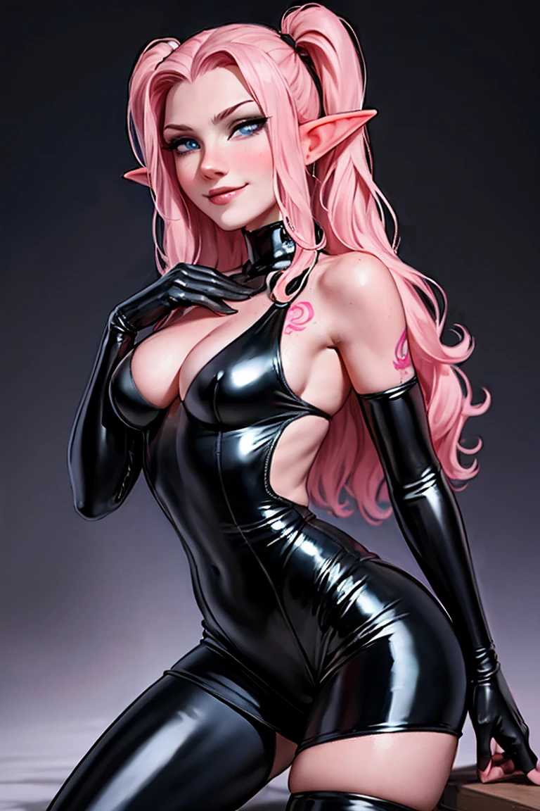 Woman, long wavy hair, pink hair, blue eyes, elf, tattoo,Black clothes, ,Dark shadowed face,Sadistic smile,Malice,Contemptlatex,Bad face,,,two hands,Two legs,five fingers,evil background,elbow gloves,latex