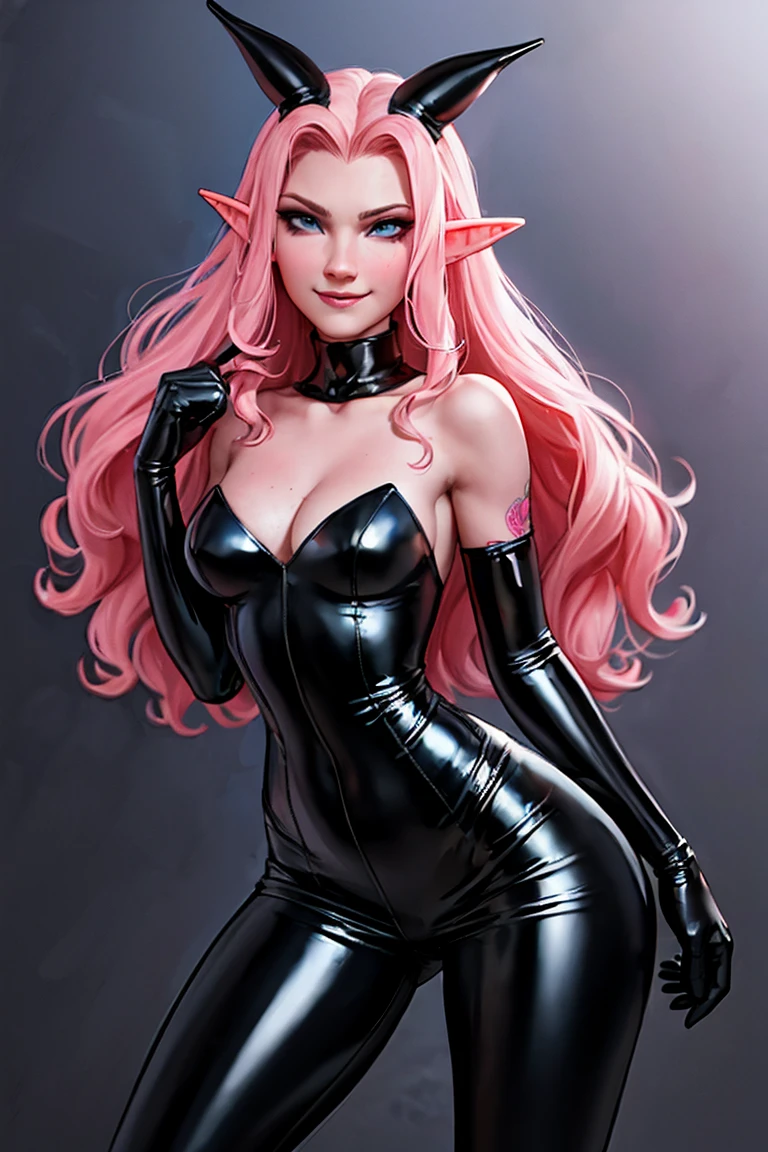 Woman, long wavy hair, pink hair, blue eyes, elf, tattoo,Black clothes, ,Dark shadowed face,Sadistic smile,Malice,Contemptlatex,Bad face,,,two hands,Two legs,five fingers,evil background,elbow gloves,latex