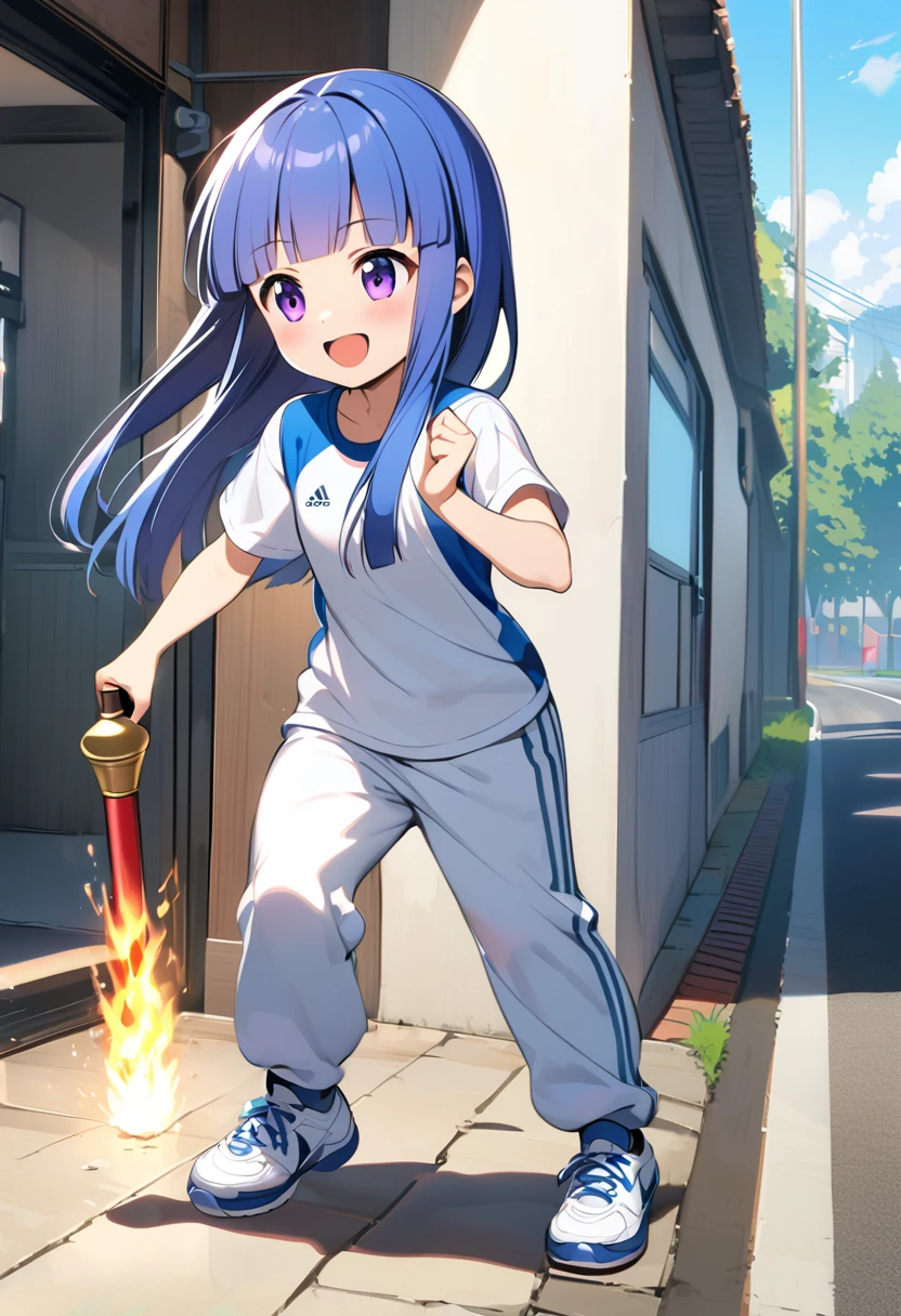 girl, alone, (Full Autorica), Blue Hair, Purple eyes, Long Hair, blunt bangs, bangs, , Olympic, torchbearer, Olympic Torch, On the road, the way, smile, open mouth, shirt, holding, white shirt, outdoors, pants, white footwear, Light running, sportswear,