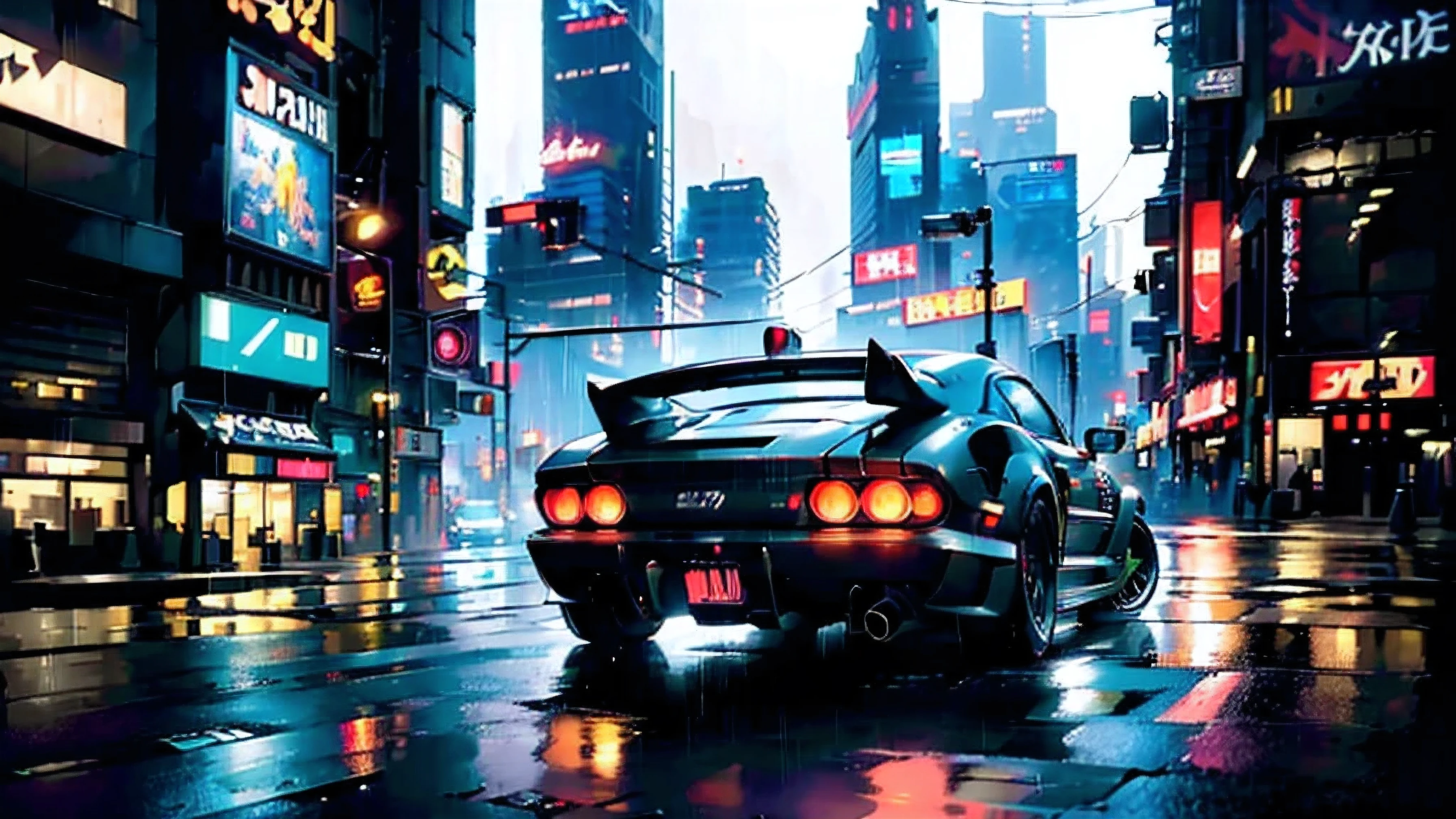 a cyberpunk city street on a rainy day, towering skyscrapers lining the sides, numerous glowing neon signs and advertisements on the storefronts below, old futuristic cars driving down the road, dramatic lighting, gritty urban atmosphere, vibrant neon colors, heavy rain, puddles, reflections, steam, (best quality,4k,8k,highres,masterpiece:1.2),ultra-detailed,(realistic,photorealistic,photo-realistic:1.37),cinematic composition,dramatic lighting,moody atmosphere,neon cyberpunk,hyper detailed, intricate details
