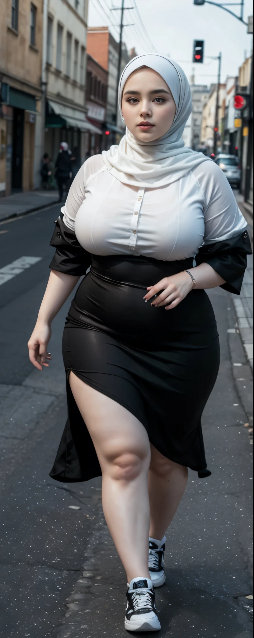 Milky white skin woman in black dress and hijab walking down the street, ,  hijab outfit, ,  hijab fashion model, plus size, plus size woman, ,  woman in black robes, beautiful woman, thicc, black outfit,, bbwchan , white sneakers , Height 170 cm, beautiful woman, with a beautiful appearance, a very beautiful masterpiece, a masterpiece of art, good lighting, Bright colors, Clean lines, .