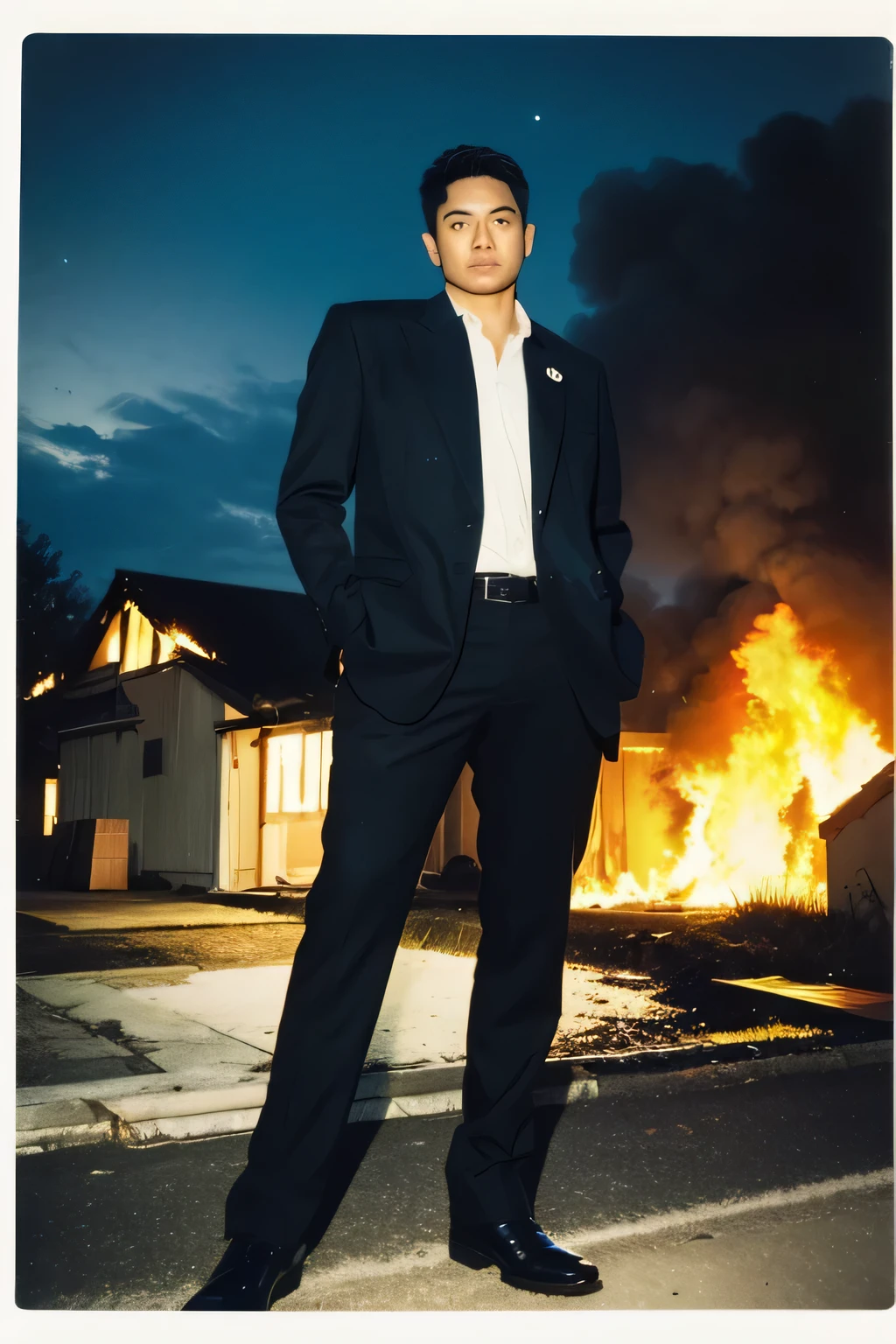 , full body of a man standing like a model, with a burning house in the background, asean house fire, polaroid,night sky