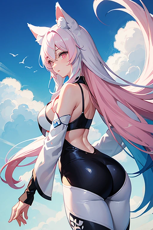 fox,hairy,hairy的,bust avatar,Colorful patterned white top,black leggings pants,white stripes,Q version,charming,minimalist art style,cartoon style,pink eyes,heart shaped eyes,happiness,happiness的,Ears with pink hair,There are white hairs on the tips of the ears,blue hair behind,The tail is white,pointed blue,Blue sky and white clouds,sunny, profile picture