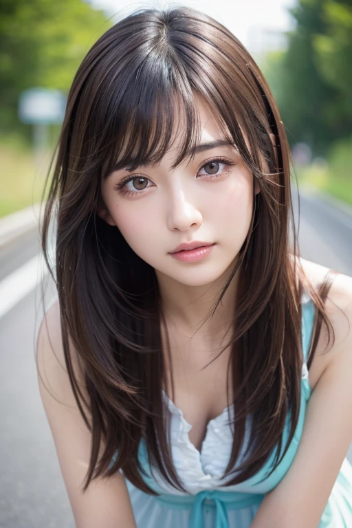  photo realistic,finely detail, hight resolution, hightquality、Perfect dynamic composition, Beautiful detailed eyes, Medium Hair, 、Natural Color Lip,Kamimei、Shibuya、20 years girl、1 persons、Transparent skin、Glowing hair、masutepiece, Best Quality,  looking at viewer, Ultra-detailed, finely detail, hight resolution, 8K、The correct state of the human body、crouching down、Gravure Model Pose，Hair soaring in the wind