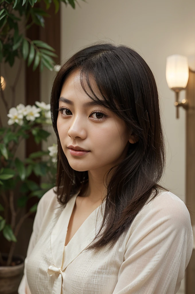 Create a realistic portrait of a woman of Chinese descent. She has large, almond-shaped eyes, which are a sign of Chinese beauty. Her facial features should be delicate, with smooth skin and a serene expression. The background should be plain to keep the focus on her face, which should be well-lit to show clear details. The overall appearance should be elegant and refined.