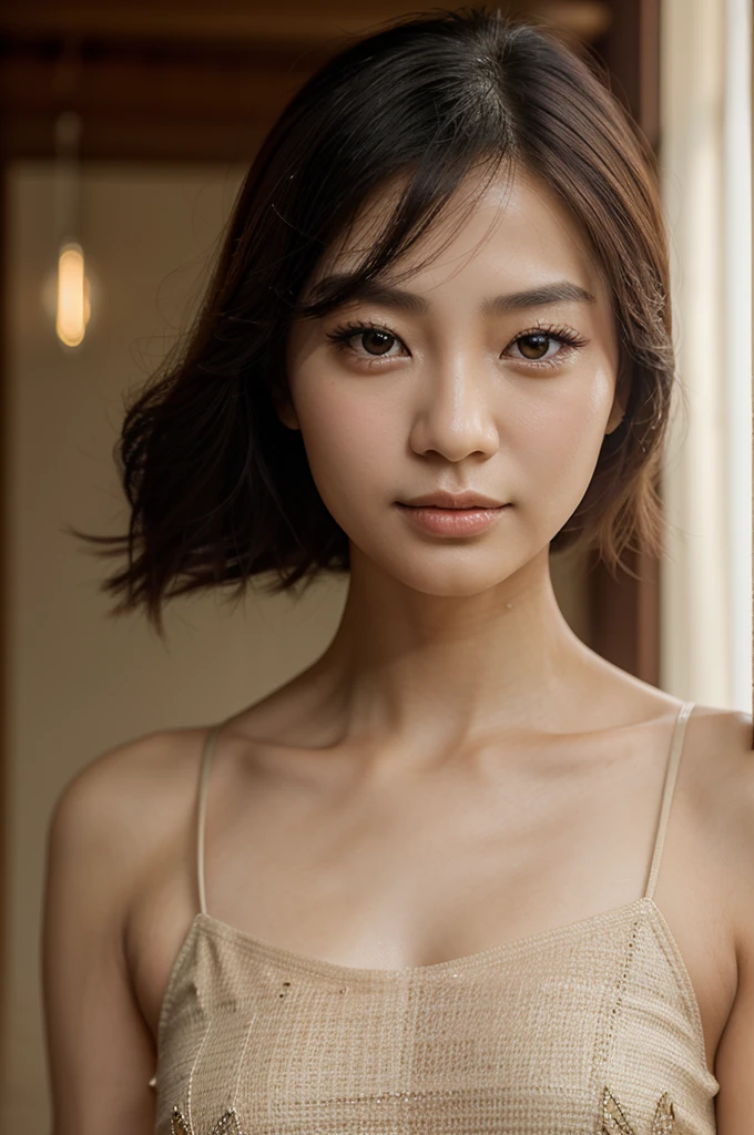 Create a realistic portrait of a woman of Chinese descent. She has large, almond-shaped eyes, which are a sign of Chinese beauty. Her facial features should be delicate, with smooth skin and a serene expression. The background should be plain to keep the focus on her face, which should be well-lit to show clear details. The overall appearance should be elegant and refined.