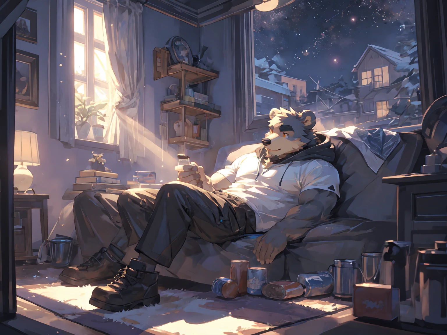 (masterpiece:1.2), best quality,pixiv,official art,perfect anatomy, (Ray tracing, light),solo, (1_male:1.3) , (muscle), (grey fur:1.4), (muscle bear), (beard:1.2), (gleaming golden eyes), bear tail, full body, Thick black eyebrows, (open short hoodie), (loose shirt inside),cargo shorts,boots,cover blanket, bedroom, lying on the sofa, french window , galaxy ,stars