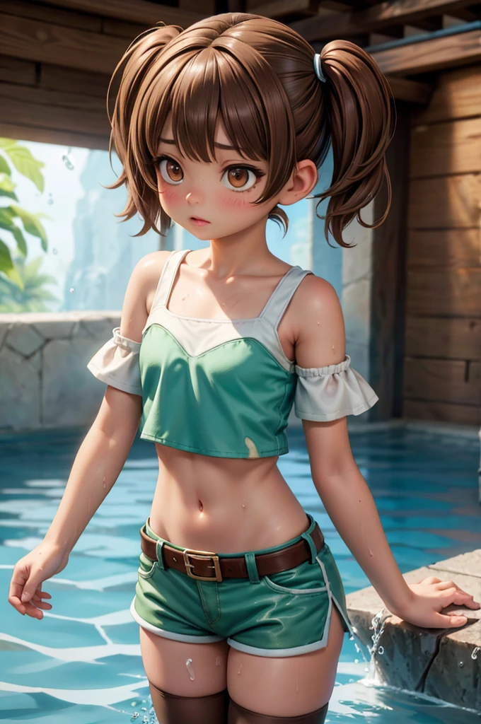 live-action, photo of, A hyper-realistic movie photograph inspired by the character Fern from 'Frieren: Beyond Journey's End',kanne, short hair, brown hair, twintails, (brown eyes:1.3),(masterpiece, best quality), beautiful hair+,kanne, short hair, (brown hair:1.2), twintails, (brown eyes:1.3),shirt, thighhighs, navel, bare shoulders, white shirt, short sleeves, midriff, belt, white thighhighs, crop top, short shorts, clothing cutout, shoulder cutout, ((green shorts:1.1)), (water Splash in the background:1.5)

