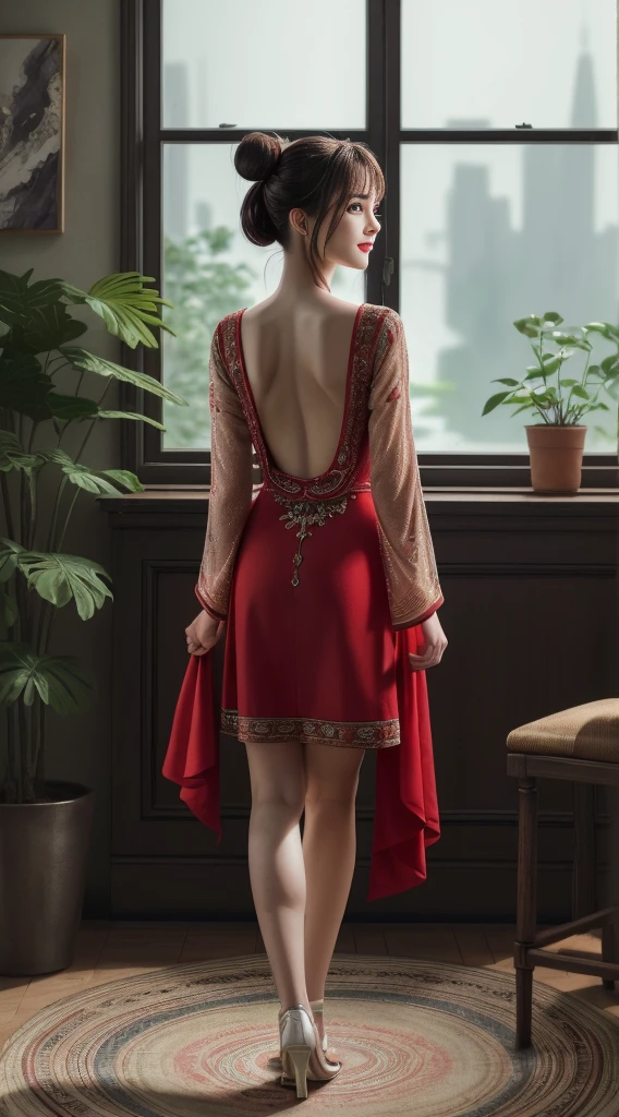 1 girl,standing alone,whole body,sitting down,(balance:1.3),chestnut hair,bare rug,(red long dress:1.2),rugless dress,jewerly,(ssmile:1.3),shy,blush,sexly,hair bun,plantar,(flowers:0.7),from behind,rug,Red lips,water,Scenario,reflection on the surface of the water,(8k, 4K, best qualityer, high resolution:1.1),realisitic,photorealisitic,cover of a magazine,(illustration),(work of art),detailded,Clear, sharp focus,cinematic lighting,(realisitic, photo-realisitic:1.1),beautiful  face,intrikate,highly detailded,digital photograph,(work of art, side lighting, finely detailded beautiful eyes:1.2),HDR,Physically based rendering,professional lighting,Hanfu,Tang Feng