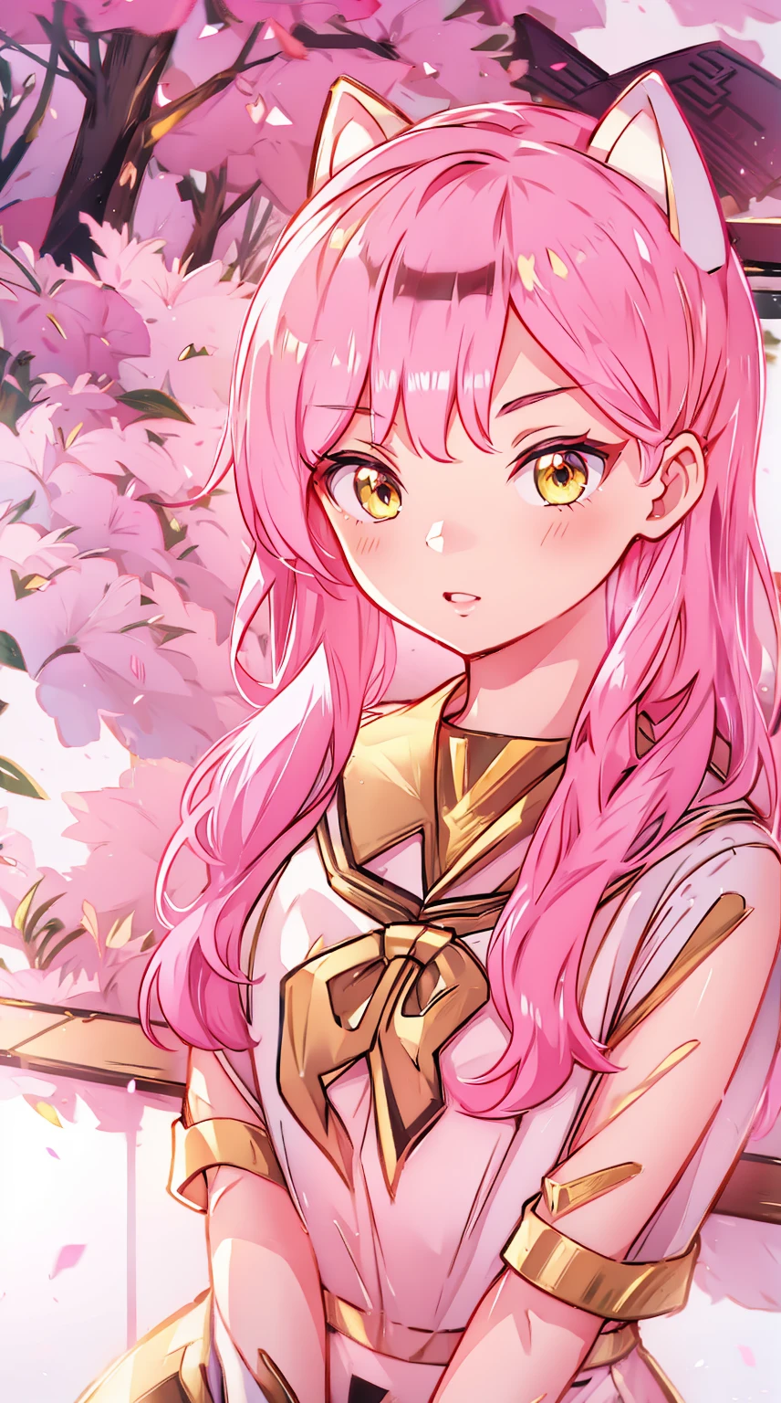 An anime girl with cat ears. Fake cat ears, and the cat ears are framed in gold on the head, long pink hair, very long hair, bright pink hair, white miniskirt with gold belt, She wears white gloves on her hands, pinker BH pinker Tanger, around the neck a golden collar, View to the viewer, 
sexly, large , tight juicy ass, elongated yellow eyes with pink fragments, cute face",,