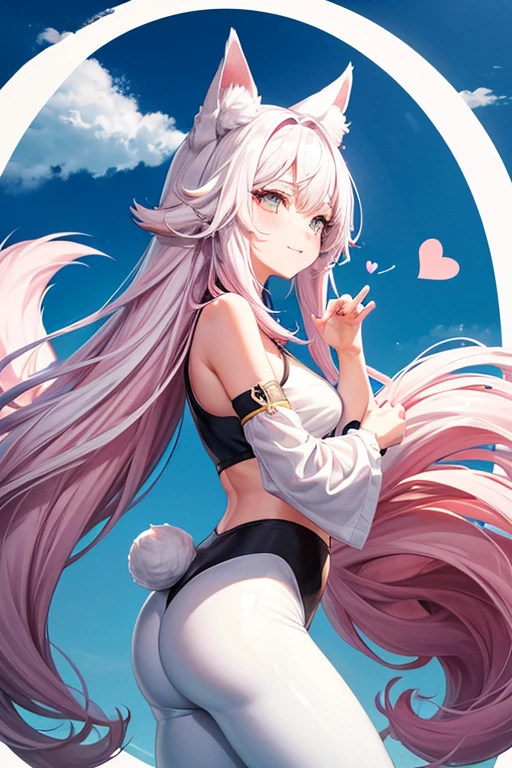 fox，hairy，hairy的，bust avatar，Colorful patterned white top，black leggings pants，white stripes，Q version，charming，minimalist art style，cartoon style，pink eyes，heart shaped eyes，happiness，happiness的，Ears with pink hair，There are white hairs on the tips of the ears，blue hair behind，The tail is white，pointed blue，Blue sky and white clouds，sunny, profile picture