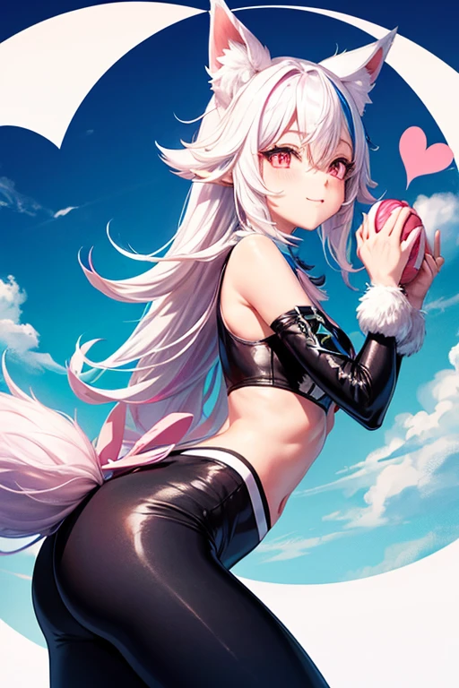fox，hairy，hairy的，bust avatar，Colorful patterned white top，black leggings pants，white stripes，Q version，charming，minimalist art style，cartoon style，pink eyes，heart shaped eyes，happiness，happiness的，Ears with pink hair，There are white hairs on the tips of the ears，blue hair behind，The tail is white，pointed blue，Blue sky and white clouds，sunny, profile picture
