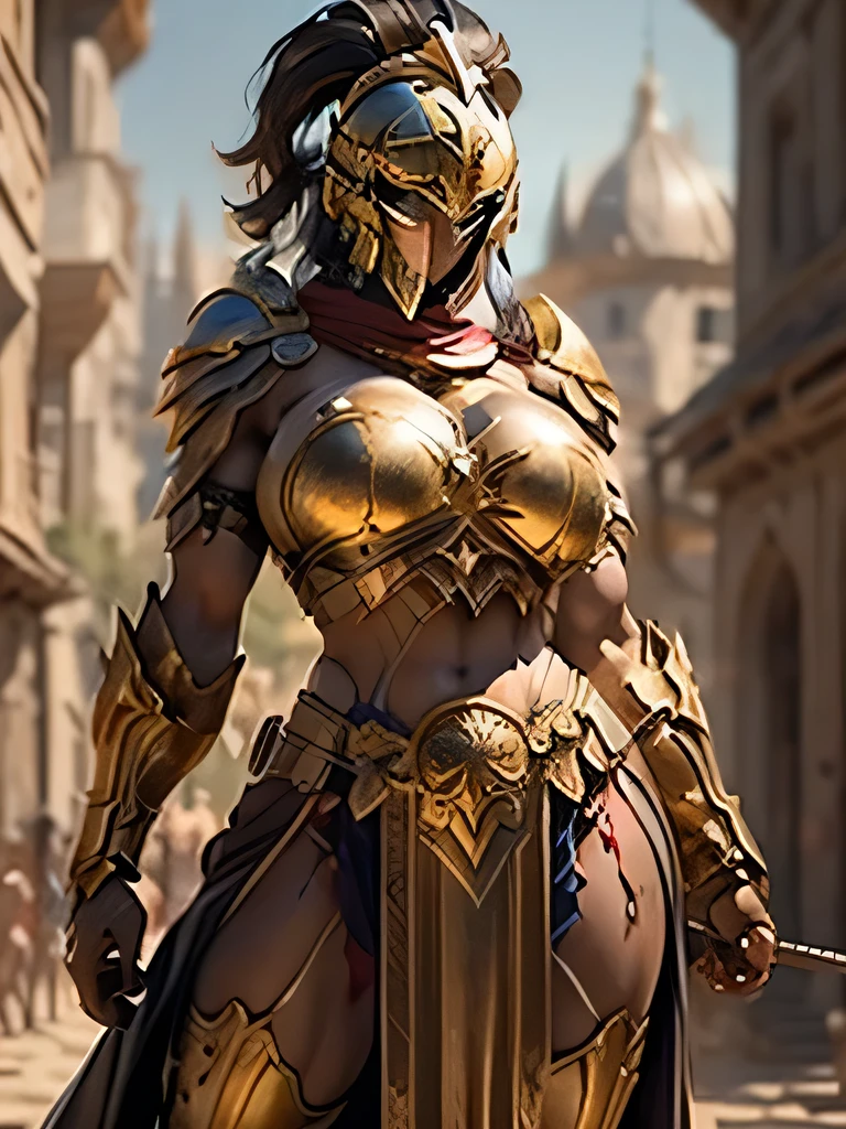 Beautiful Greek female warrior in golden armor, Jet black hair, Hoplite helmet, muscular, Huge and heavy breasts, looking at the audience, Front view, Model shooting poses, masterpiece, best quality, 8k, Blurred background, Medieval fantasy castle in the background,Completely naked,