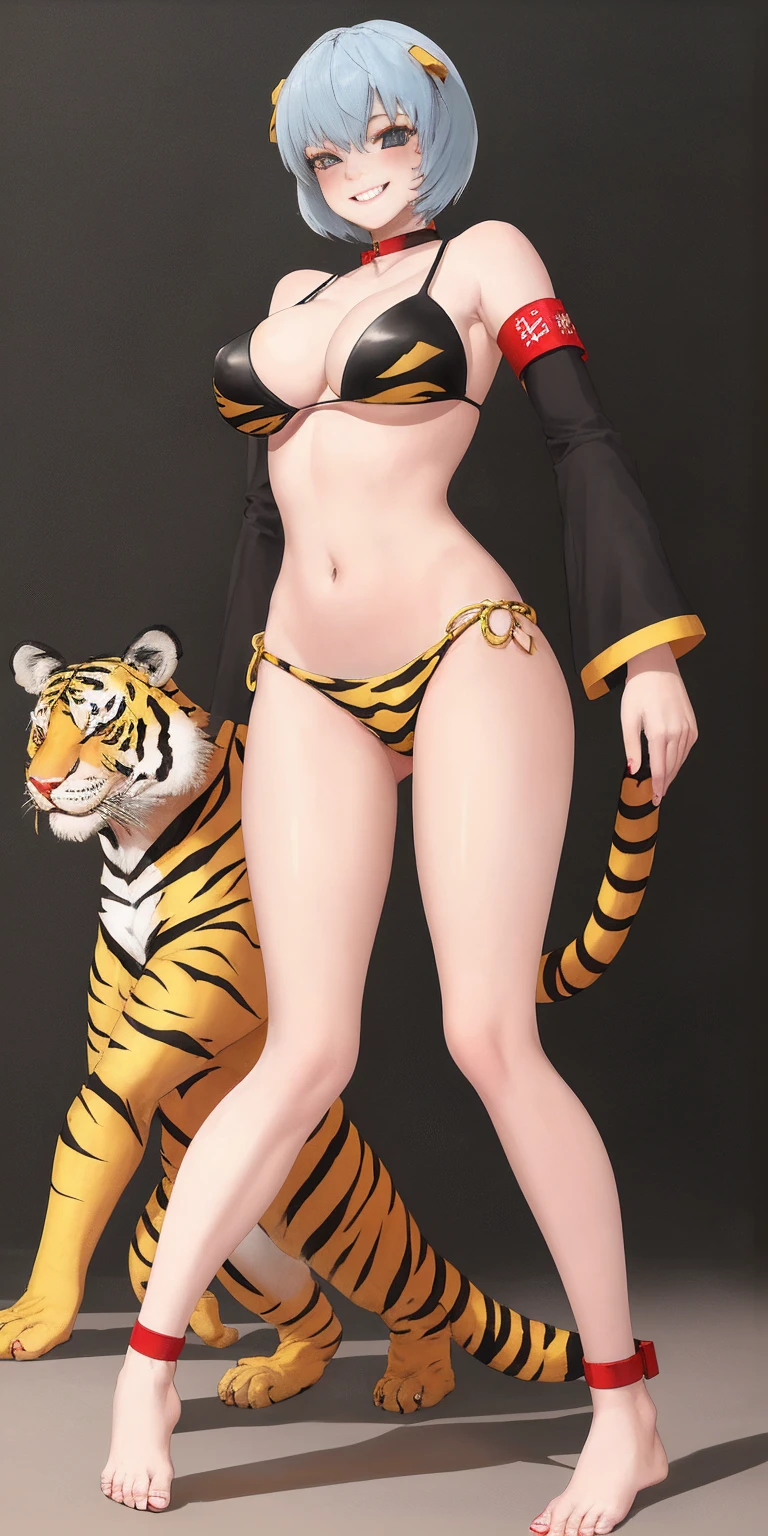 1girl, rei ayanami, full body, barefoot, female BIMBO yellowish tiger print bikini, hands on waist, navel, lustful smirking smiling, smile face, red blushed, red cheeks, gold sleeveless armbands, black leather choker collar, sleeves bracelets wristband, leather corset