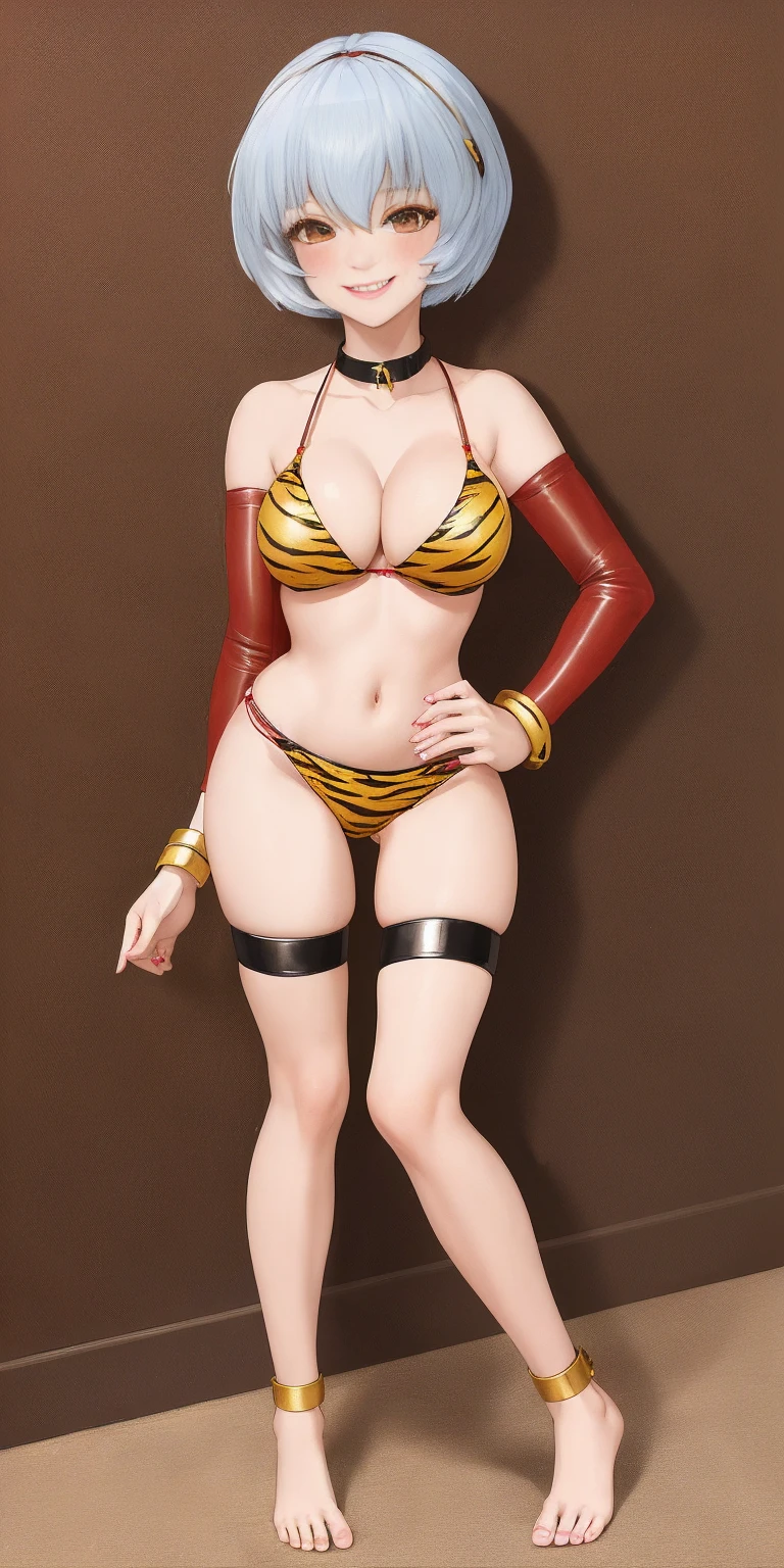 1girl, rei ayanami, full body, barefoot, female BIMBO yellowish tiger print bikini, hands on waist, navel, lustful smirking smiling, smile face, red blushed, red cheeks, gold sleeveless armbands, black leather choker collar, sleeves bracelets wristband, leather corset