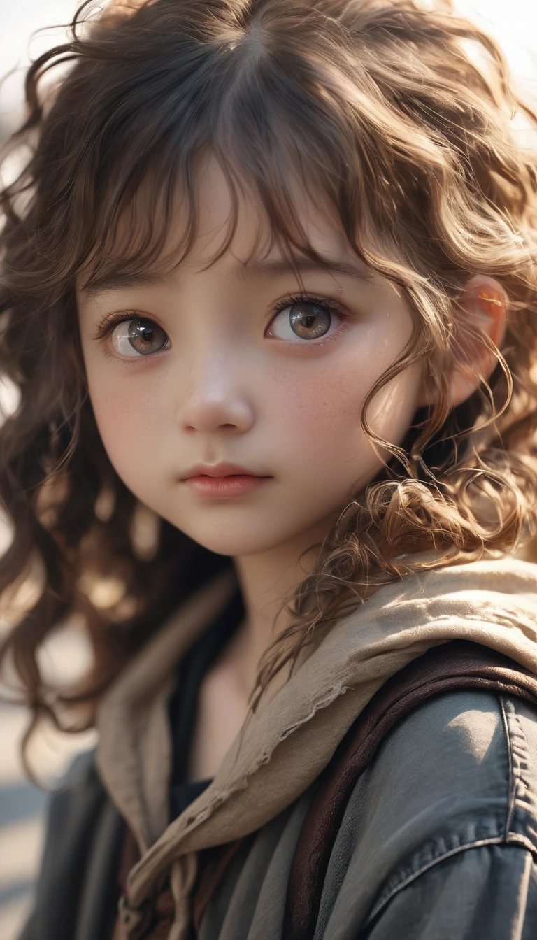 (Model shooting style), Sad little homeless girl ((Wearing old and torn clothes)), (shy), One girl, alone, Brown, curly, and messy hair, Highly detailed face, Beautiful Eyes, [Chubby], Adorable, Rosy cheeks and bright, Lonely Eyes, Amazingly beautiful, (Rembrandt Lighting), Zeiss Lenses, Ultra-realistic, (Skin with attention to detail:1.2), 8K Ultra HD, Digital SLR, Dramatic Rim Light, high quality, Fujifilm XT3,