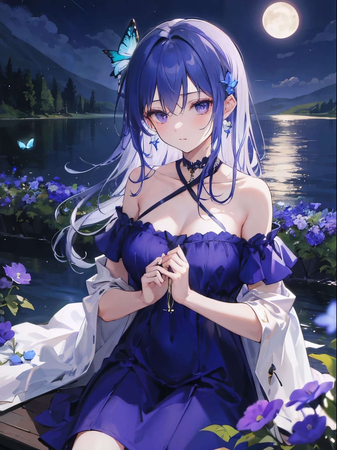 Chastille Lillqvist, An Archdemon's dilemma, loose blue dress, off shoulder,  blue butterfly hair ornament, long hair, looking as holding blue and purple flowers, evening night, near a lake, absurdres, high res, ultrasharp, 8k, masterpiece, surrounding by firefly