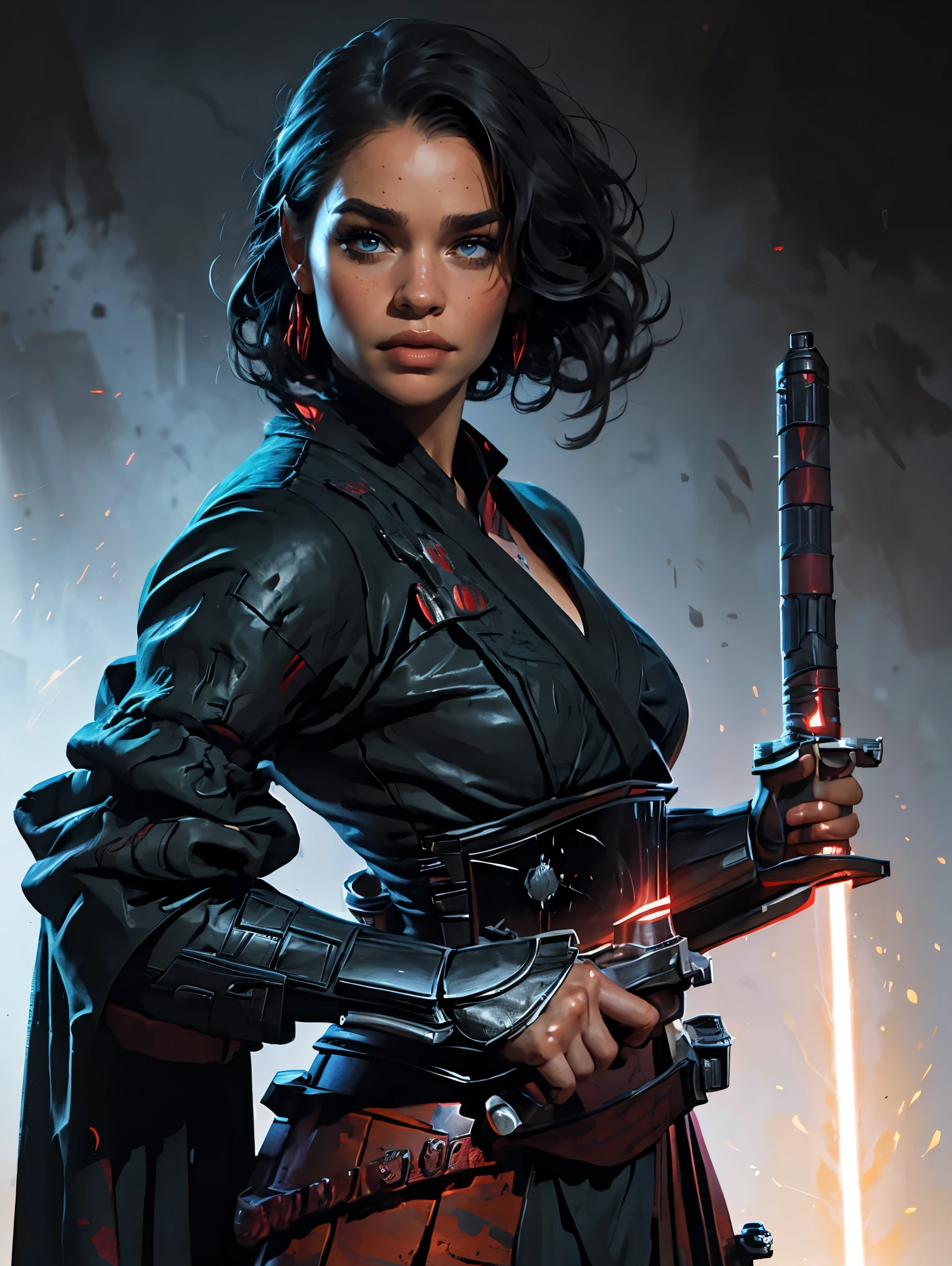 a female sith lord based on Emilia Clarke wielding a red lightsaber, Star Wars, highly detailed cinematic fantasy illustration, black outlining, full color illustration, in the style of BORIS VALLEJO & JULIE BELL, masterpiece, 8k, ultra-detailed, physically-based rendering, vivid colors, dramatic lighting, intricate background, photorealistic