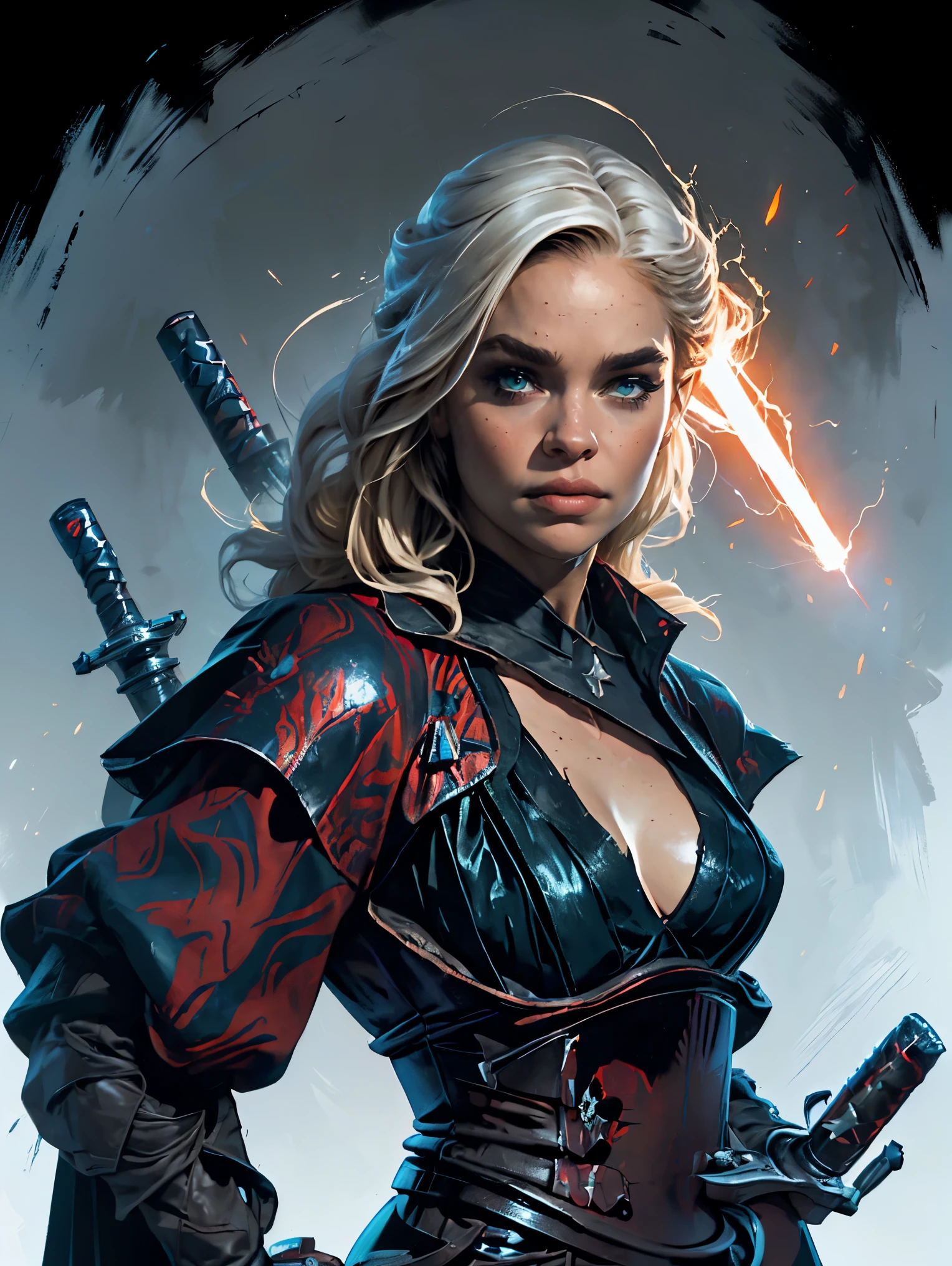a female sith lord based on Emilia Clarke wielding a red lightsaber, Star Wars, highly detailed cinematic fantasy illustration, black outlining, full color illustration, in the style of BORIS VALLEJO & JULIE BELL, masterpiece, 8k, ultra-detailed, physically-based rendering, vivid colors, dramatic lighting, intricate background, photorealistic
