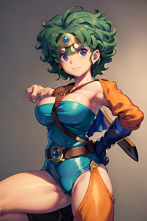 (masterpiece, Highest quality:1.1), (sheathに納められた武器, Weapon on the back, Sword on the shoulder:1.1), internal (dq3), One girl, alone, short hair, Brown Hair, blue eyes, Circlet, Large Breasts, Cleavage, Strapless, Blue clothes, Purple Cape, Knee socks, gloves, boots, belt, sheath,, knee boots, Simple Background,